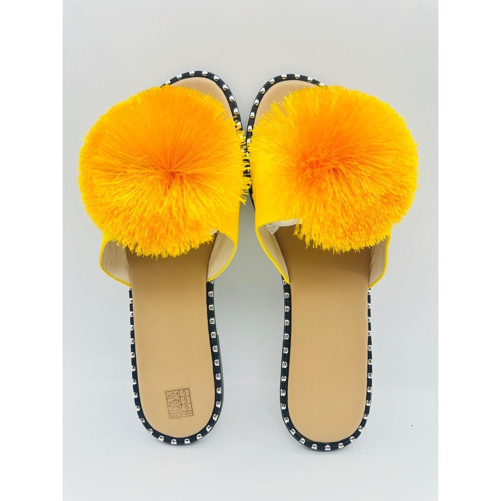 Yellow Pom Pom Slide Sandals Studded Trim Flat Slip On Summer Shoes Size 43